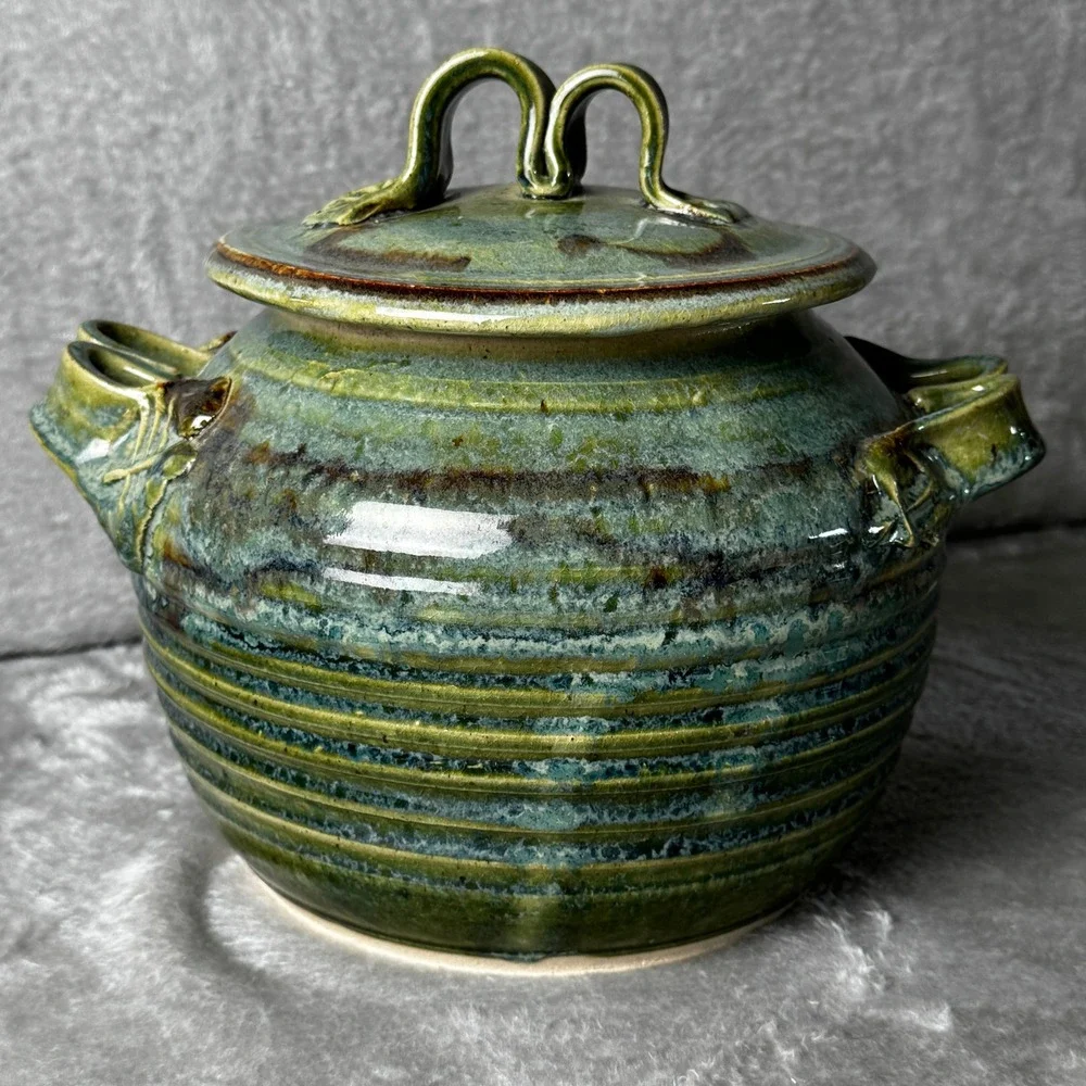 Studio Pottery Lidded Canister Green Brown Glaze Rustic Stoneware Crock Tureen